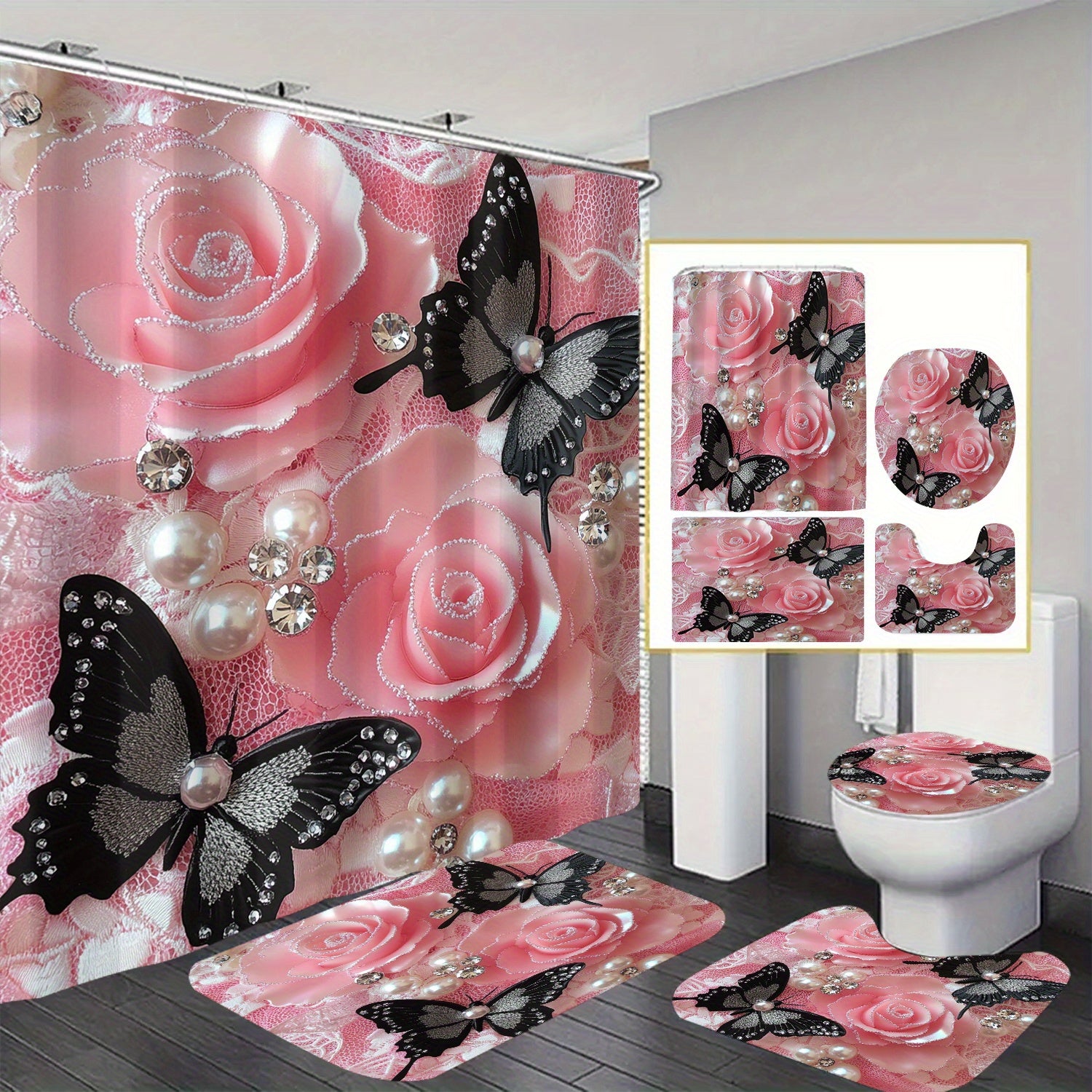 Black Bloom – Cortina de Ducha Elegante 🌸🖤