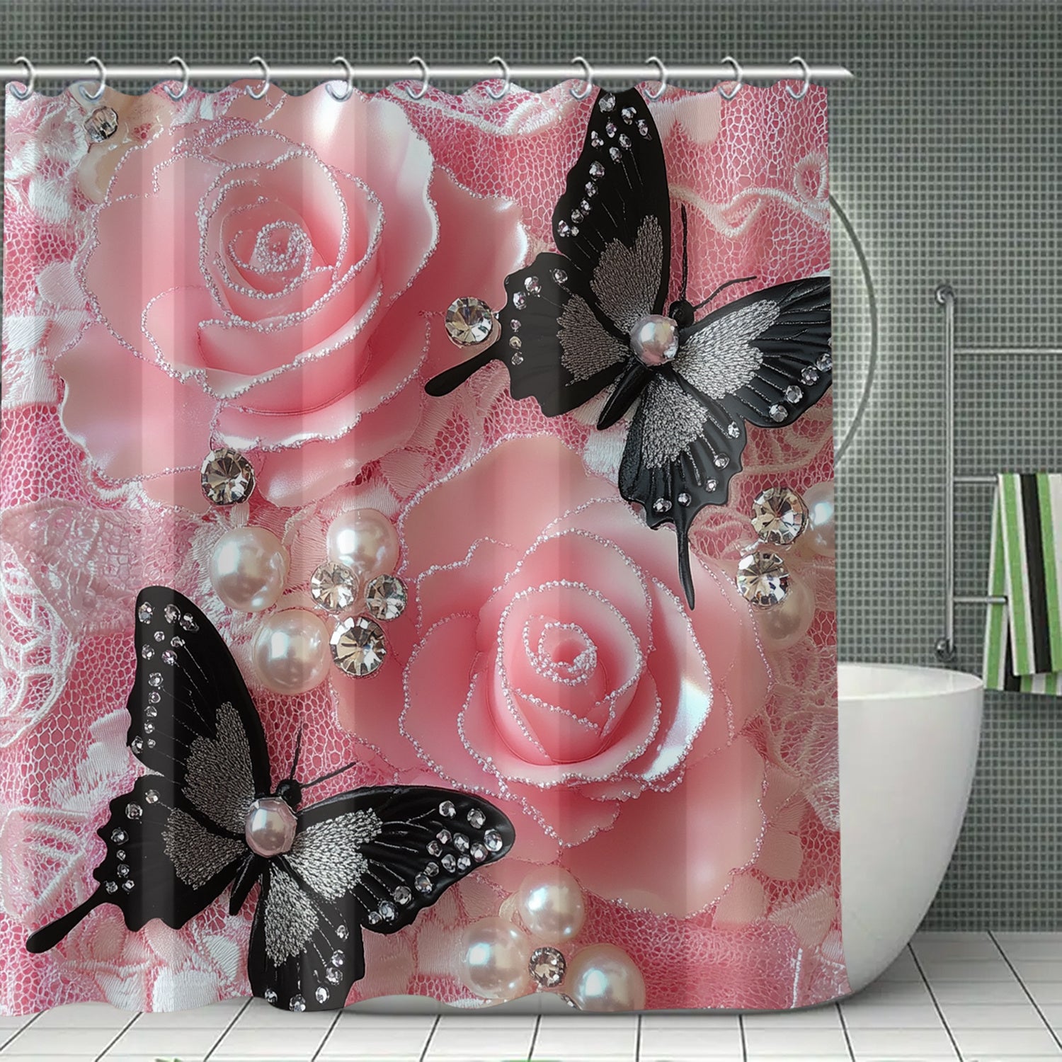 Black Bloom – Cortina de Ducha Elegante 🌸🖤