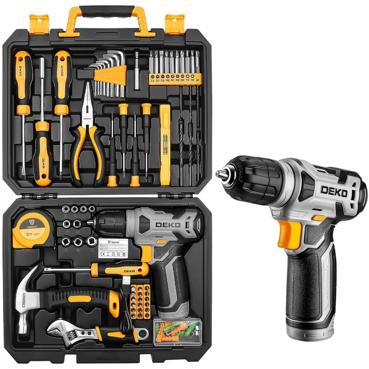 126Pcs Power Tool Combo Kit with 8V Cordless Drill, 10mm (3/8") Keyless Chuck, Professional Home Household DIY Hand Tool Kit